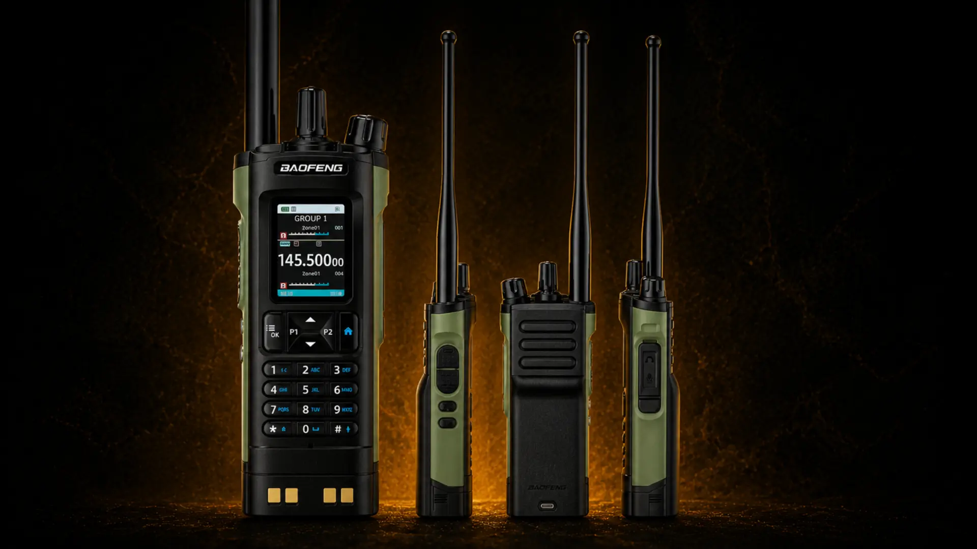Rádio Baofeng UV-32 em quatro ângulos sobre fundo escuro