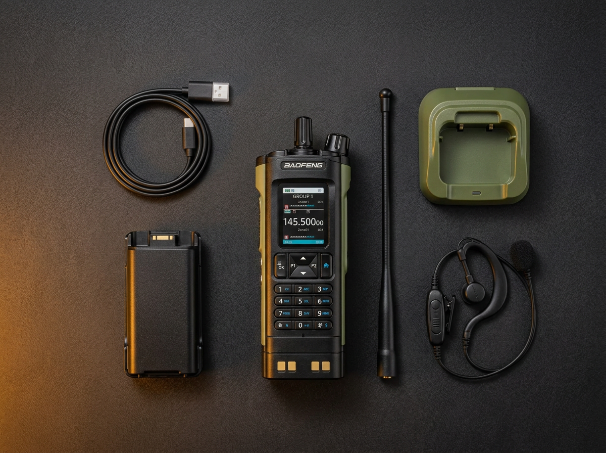 Kit de locação: rádio, bateria reserva, antena, carregador, cabo USB-C e fone